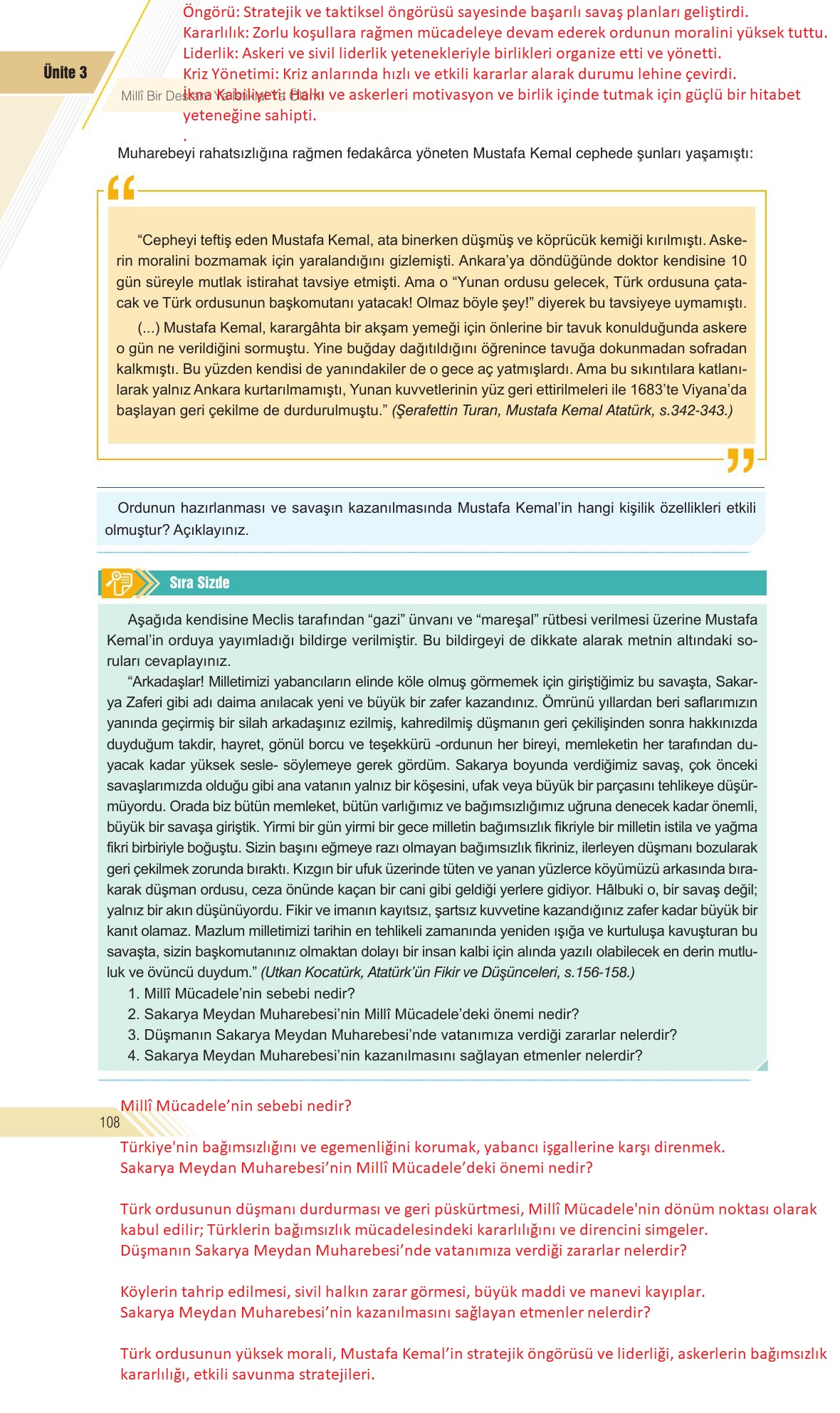 8. Sınıf Semih Ofset Sek Yayınları İnkılap Ders Kitabı Sayfa 108 Cevapları