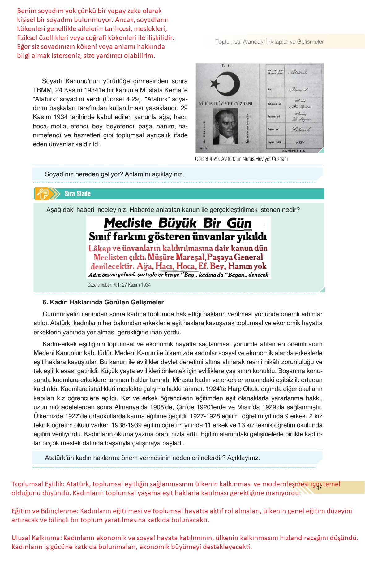 8. Sınıf Semih Ofset Sek Yayınları İnkılap Ders Kitabı Sayfa 147 Cevapları