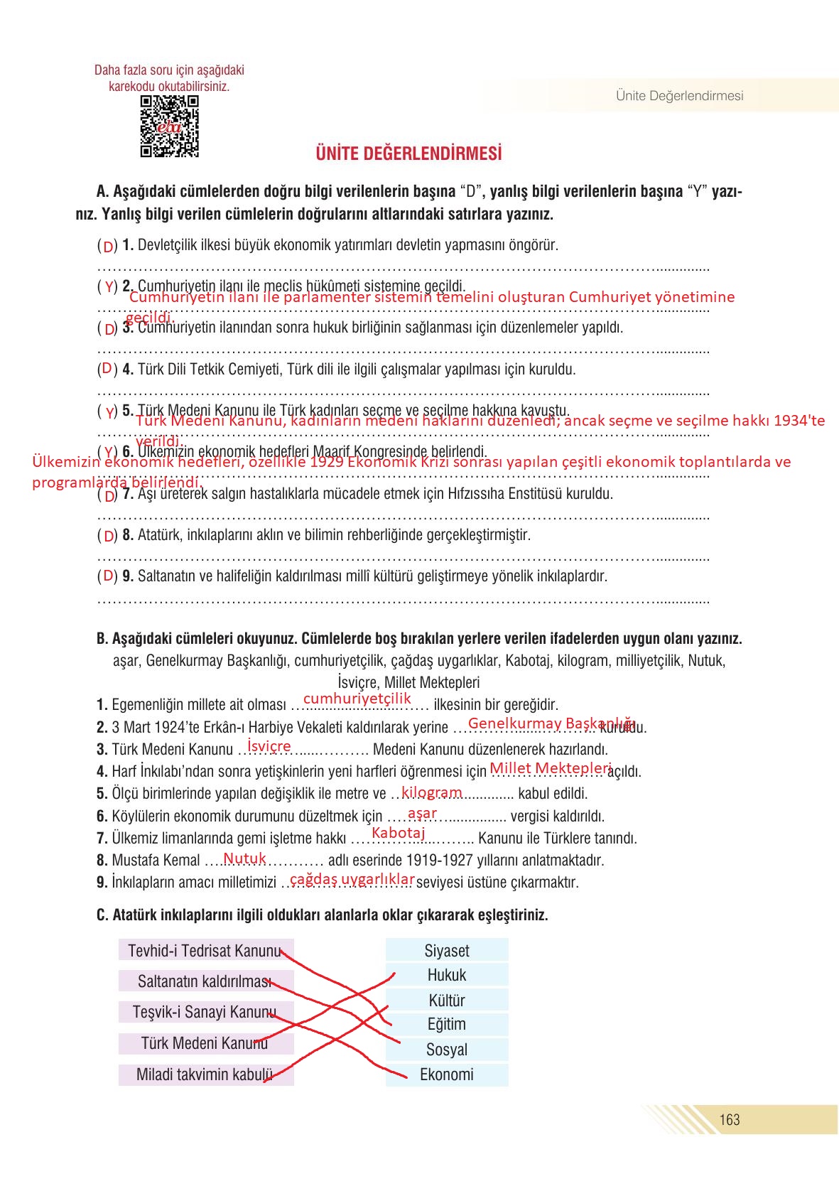 8. Sınıf Semih Ofset Sek Yayınları İnkılap Ders Kitabı Sayfa 163 Cevapları