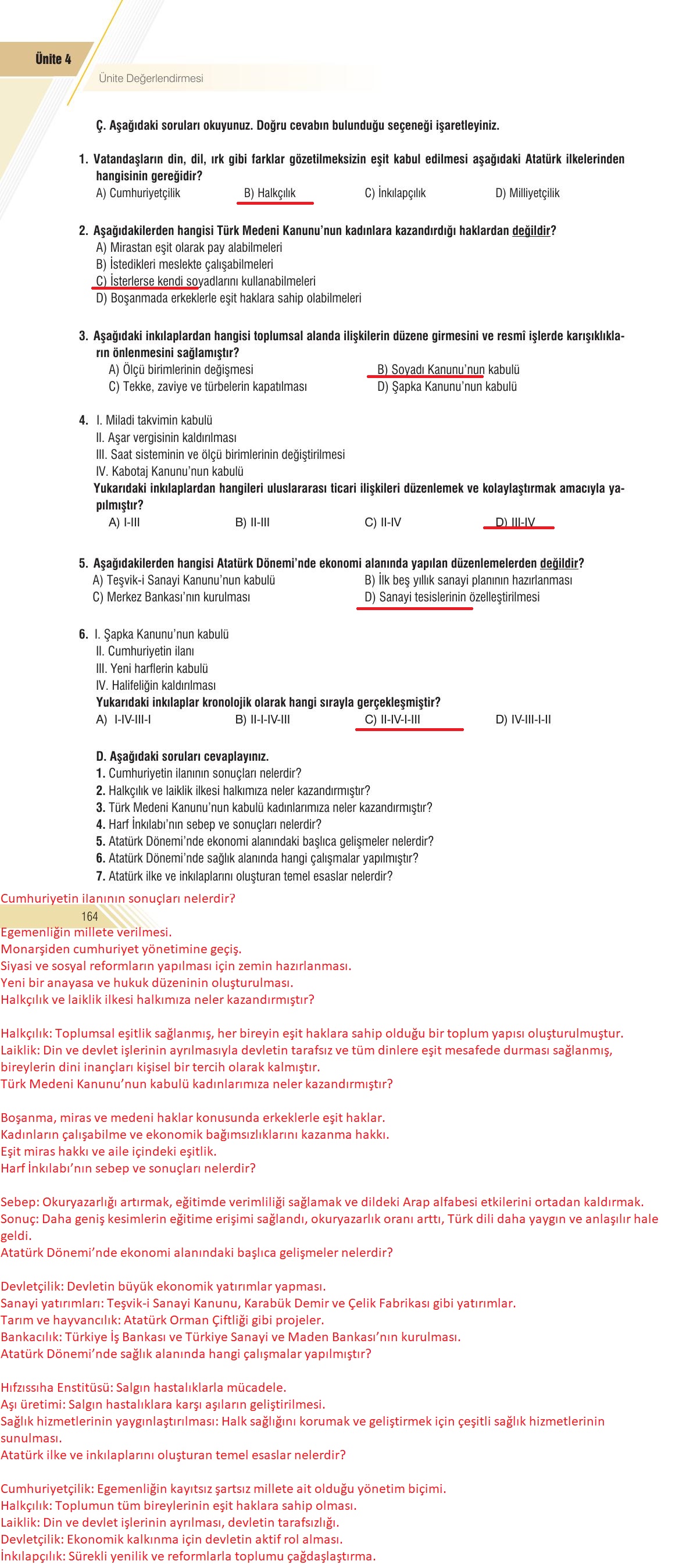 8. Sınıf Semih Ofset Sek Yayınları İnkılap Ders Kitabı Sayfa 164 Cevapları