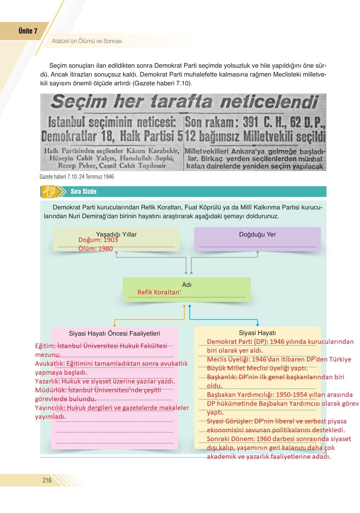 8. Sınıf Semih Ofset Sek Yayınları İnkılap Ders Kitabı Sayfa 216 Cevapları