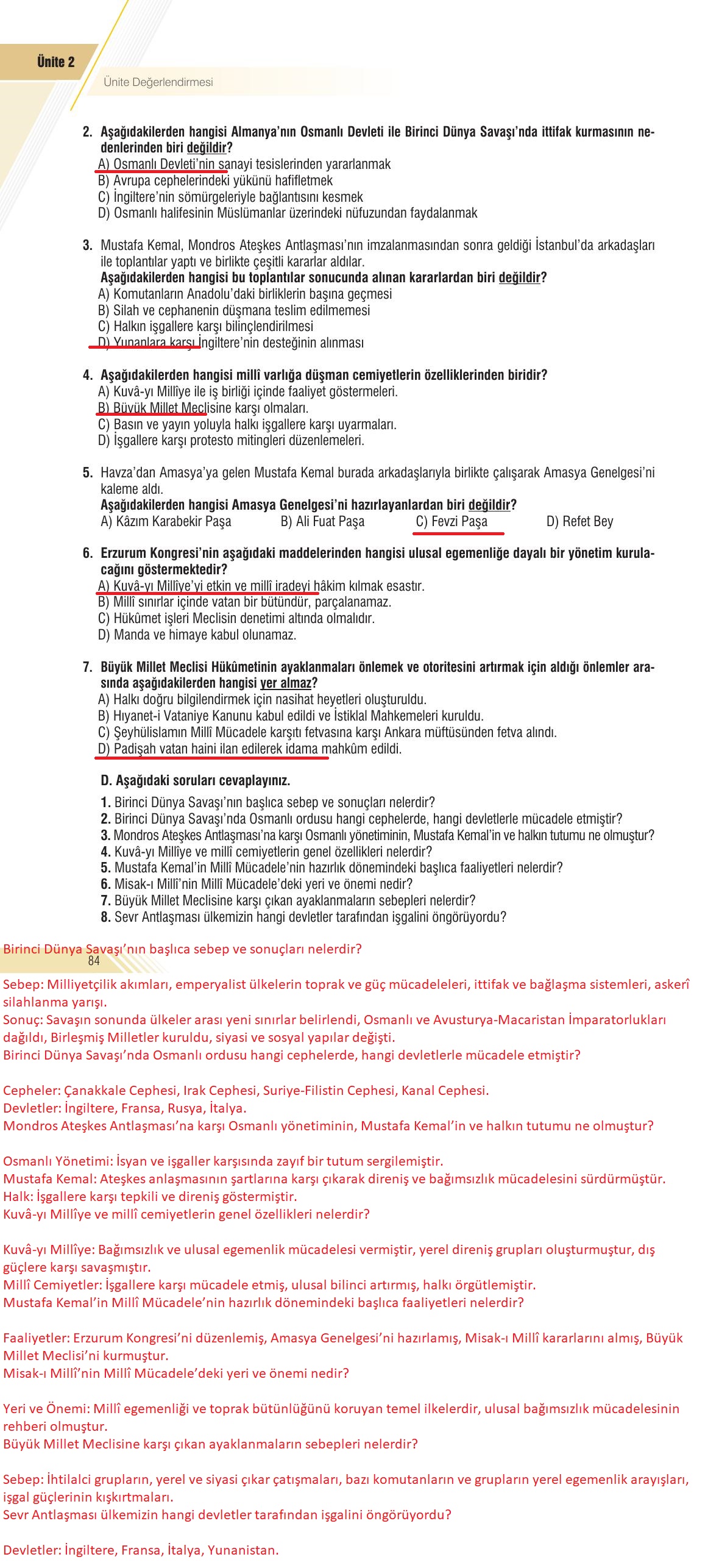 8. Sınıf Semih Ofset Sek Yayınları İnkılap Ders Kitabı Sayfa 84 Cevapları