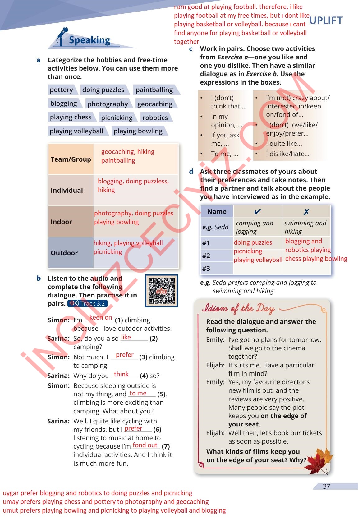 9. Sınıf Uplift Meb Yayınları İngilizce Ders Kitabı Sayfa 37 Cevapları