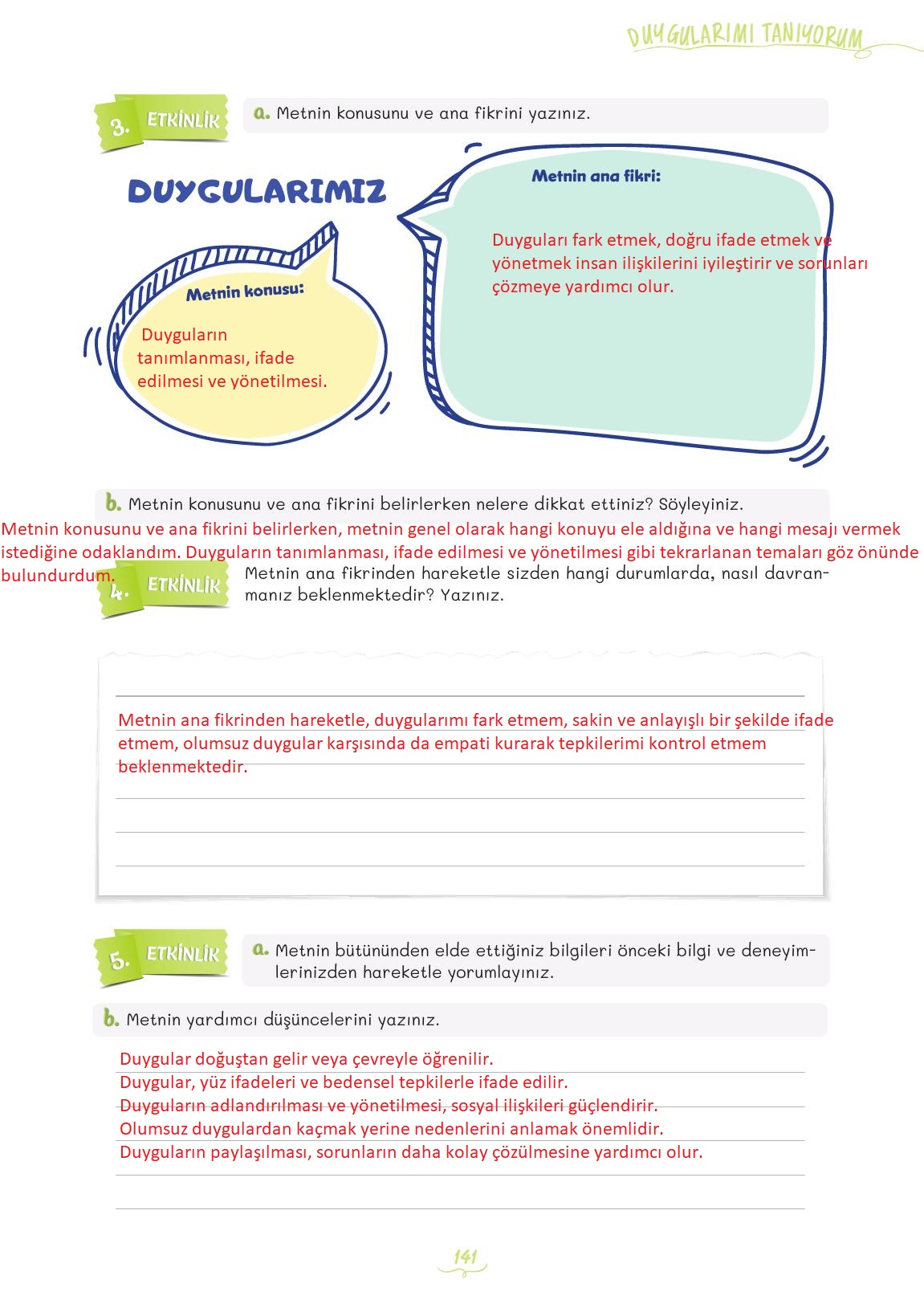5. Sınıf Meb Yayınları Türkçe 1. Kitap Ders Kitabı Sayfa 141 Cevapları