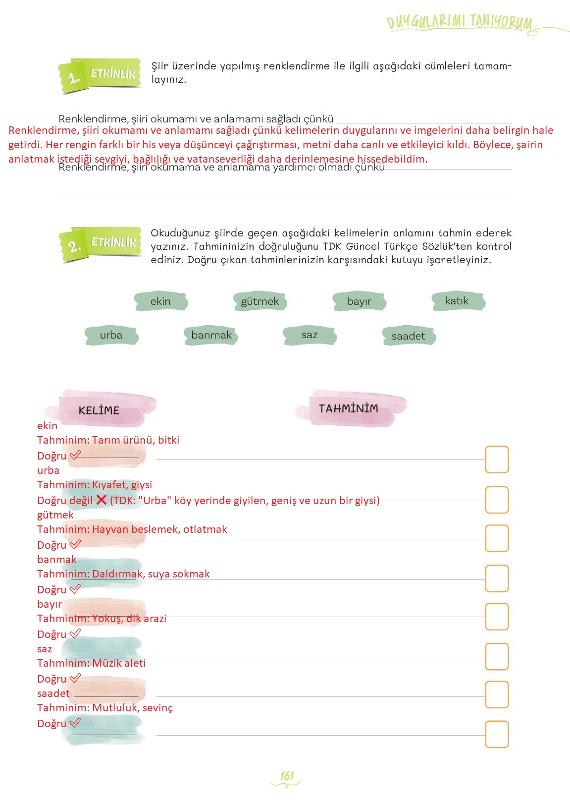 5. Sınıf Meb Yayınları Türkçe 1. Kitap Ders Kitabı Sayfa 161 Cevapları